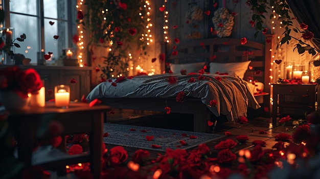 Romantycznie ozdobiona sypialnia z miękkim oświetleniem róże serca i stoły