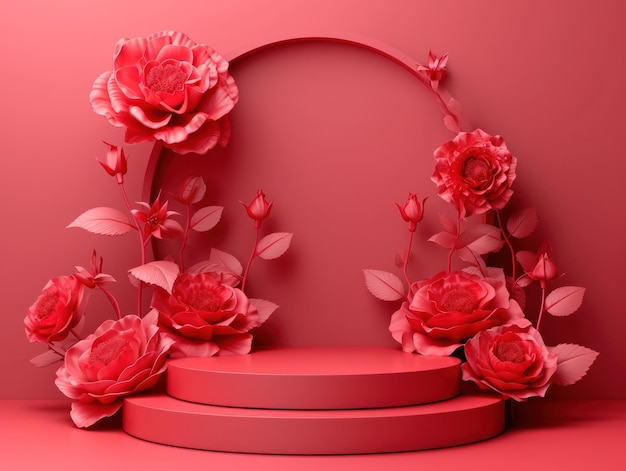Romantyczny czerwony wyświetlacz 3D renderowany na podium z różami na prezentację produktów w Walentynki