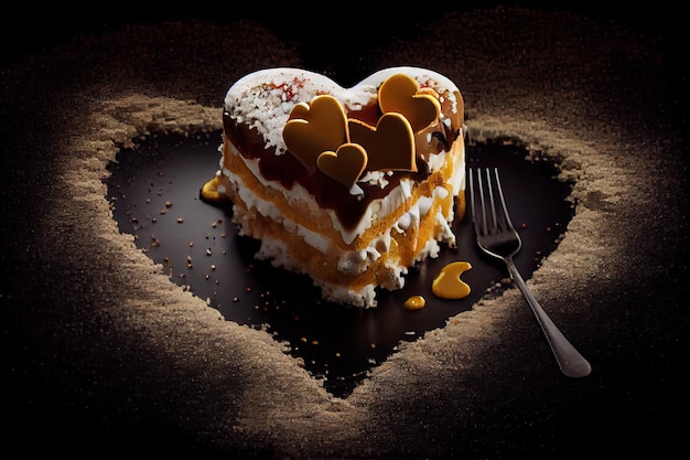 Romantyczny deser tiramisu w kształcie serca na czarnym tle