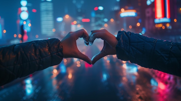 Zdjęcie romantyczny gest pary ręce tworzące kształt serca na tle świateł miejskich