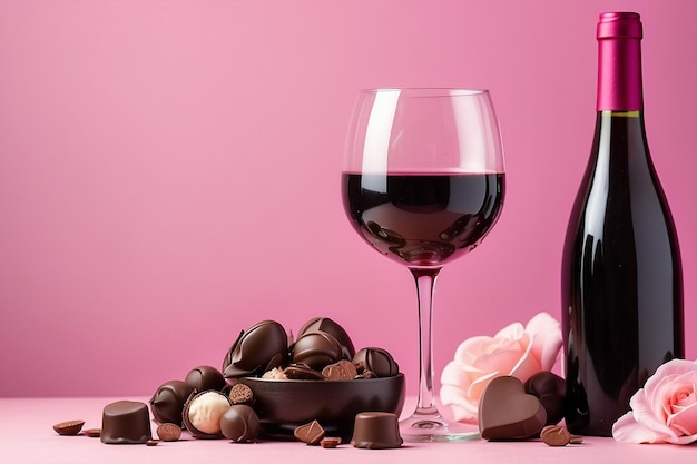 romantyczny kieliszek do wina i czekoladki umieszczone są na różowym tle