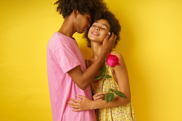 Romantyczny mężczyzna daje swojej dziewczynie różową różę na walentynki