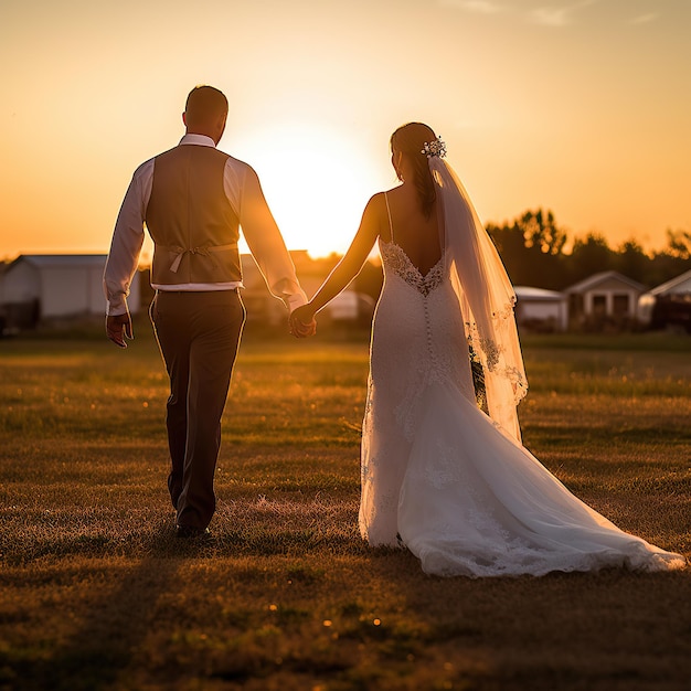 Romantyczny nowożeńcy pan młody i panna młoda trzymają się za ręce na polu o zachodzie słońca Obraz wygenerowany przez sztuczną inteligencję