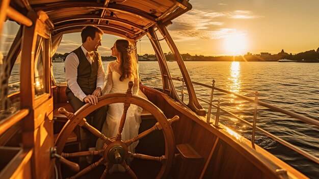 Romantyczny nowożeńcy pan młody i panna młoda trzymają się za ręce na statku Jacht o zachodzie słońca Obraz wygenerowany przez sztuczną inteligencję