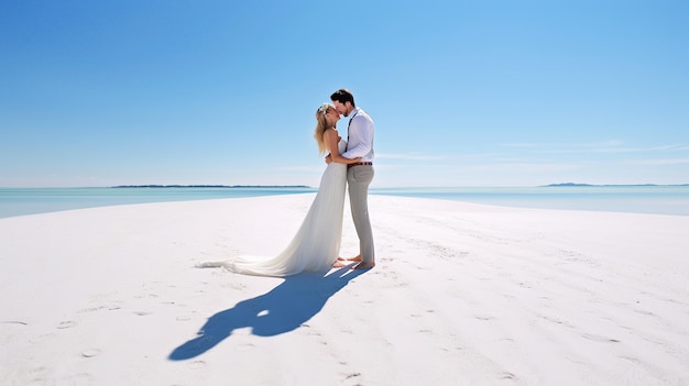 Romantyczny nowożeńcy pan młody i panna młoda trzymający się za ręce na plaży w południe Obraz wygenerowany przez sztuczną inteligencję