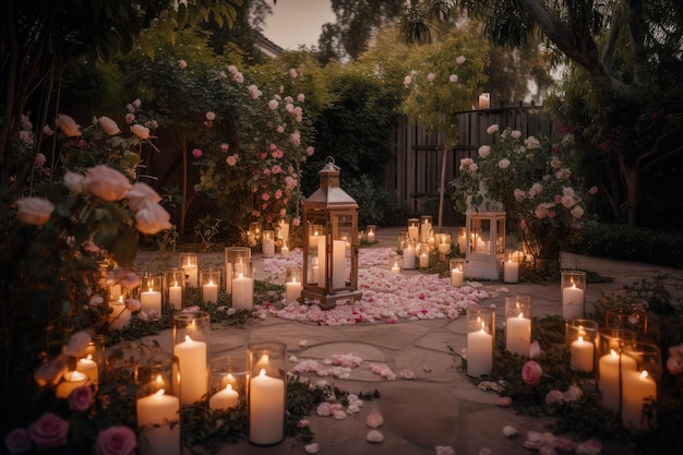 Romantyczny ogród z latarniami, świecami i płatkami róż na ziemi