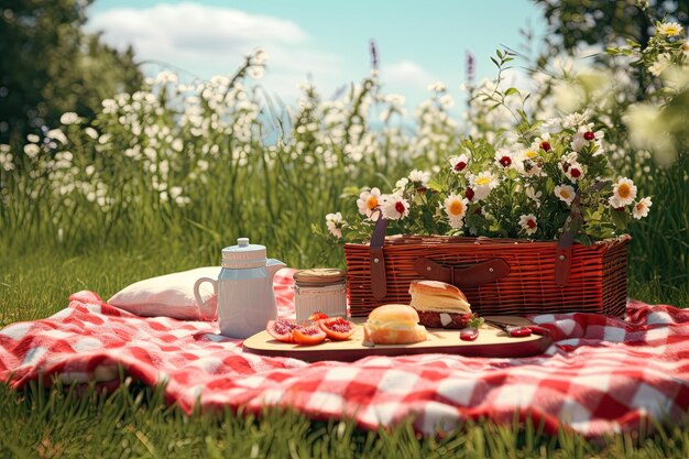 Romantyczny piknik na trawie Zdjęcie Naprawdę piękny widok na uroczy piknik na trawie