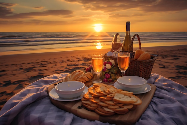 Romantyczny plażowy piknik w złotą godzinę