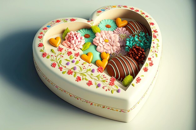 Romantyczny prezent ozdobiony sercami i kwiatami w formie pudełka cukierków w kształcie serca