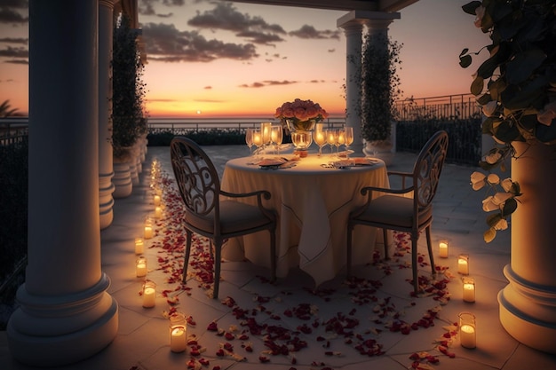 romantyczny stół obiadowy ze świecami i miejsce na romantyczną kolację.