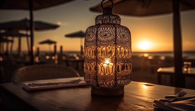 Romantyczny stół przy świecach oświetlony latarniami na zewnątrz generowany przez sztuczną inteligencję
