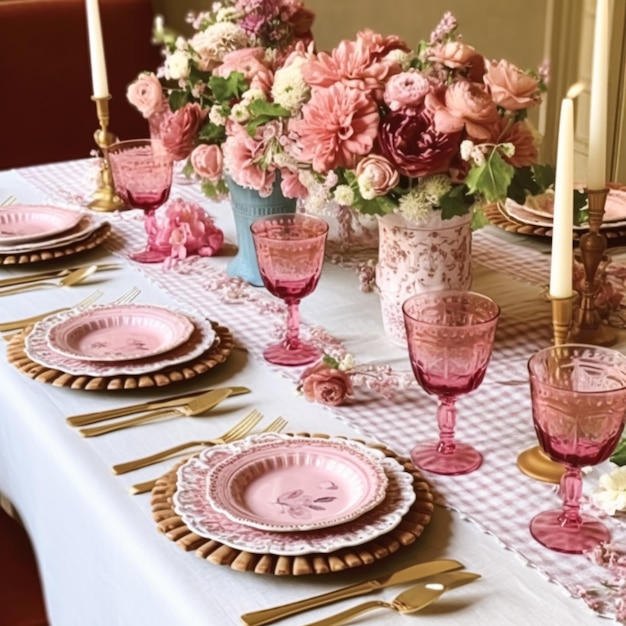 Romantyczny świąteczny pejzaż stołowy formalne nakrycie stołu pejzaż stołowy z różową dekoracją w stylu wiejskim na wesele i uroczystość postprocessed generative ai