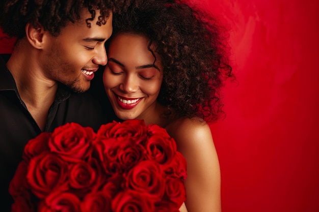 Romantyczny uścisk para zakochana w czerwonych różach