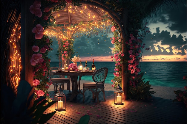 Romantyczny wieczór w altanie nad morzem Wieczorny zachód słońca latarnie kwiaty i świece Romantyczne wakacje nad morzem Nocny pejzaż morski odpoczynek AI