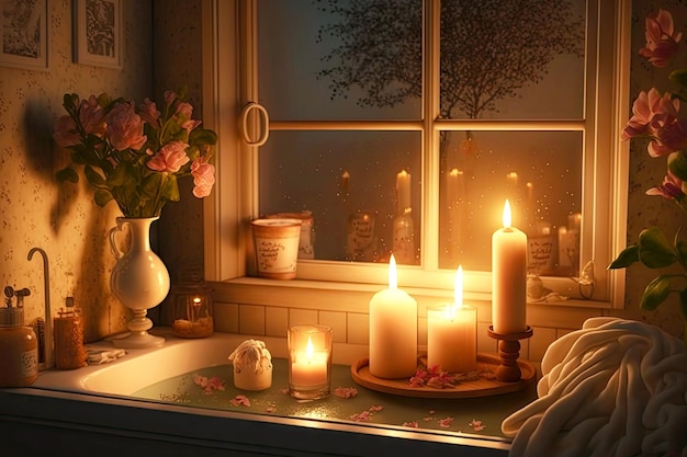 Romantyczny wieczór w łazience ze świecami i kwiatami na parapecie stworzony za pomocą generative ai