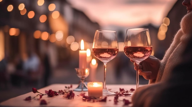 romantyczny wieczorny kieliszek wina i róż na stole w kawiarni o zachodzie słońca