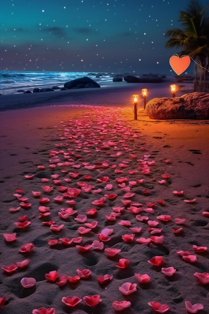 Romantyczny zachód słońca na plaży z kwiatami i sercami