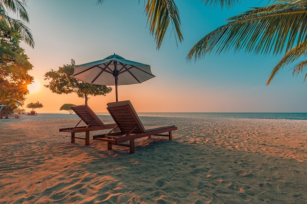 Romantyczny zachód słońca, para leżaków, liście palmowe idylliczne tropikalne tło krajobrazu na plaży