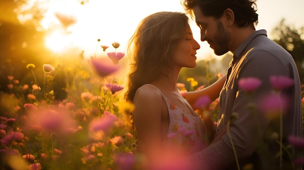 Romantyczny zmierzch Młoda para w kwiatowym polu Doskonała na Walentynki i tematy miłosne