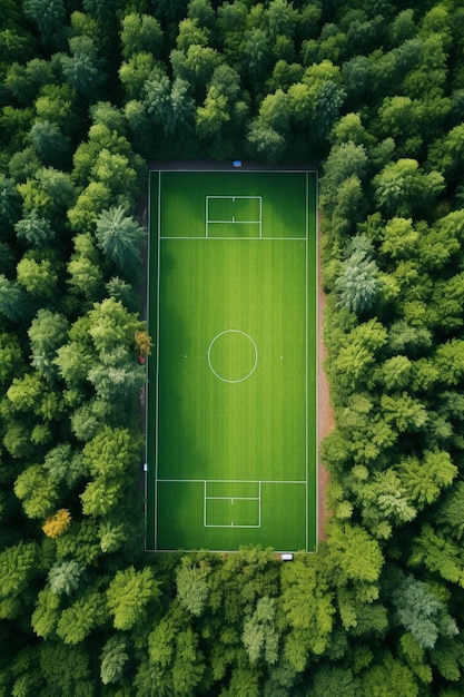 Rone z góry w dół widok pięknego pola piłkarskiego w letnim lesie liściastym