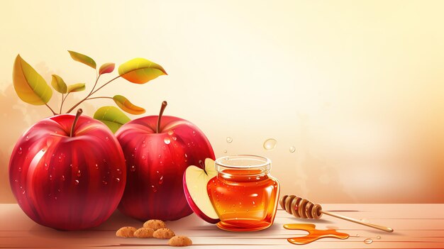 Rosh Hashanah żydowskie święto banner projekt z miodem słoik jabłko i granat zabawny kreskówka chara