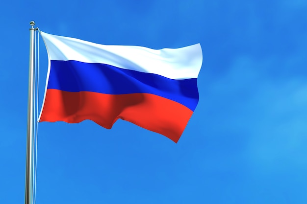 Rosja flaga na niebieskiego nieba tle