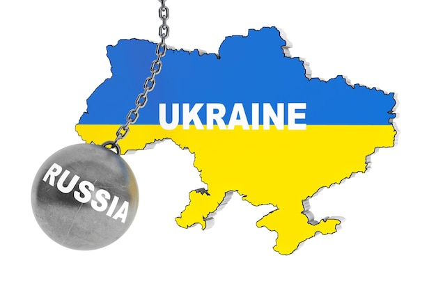 Rosja Zniszczyć Koncepcję Ukrainy. Wrecking Ball Jako Rosja Z Mapą Ukrainy Na Białym Tle