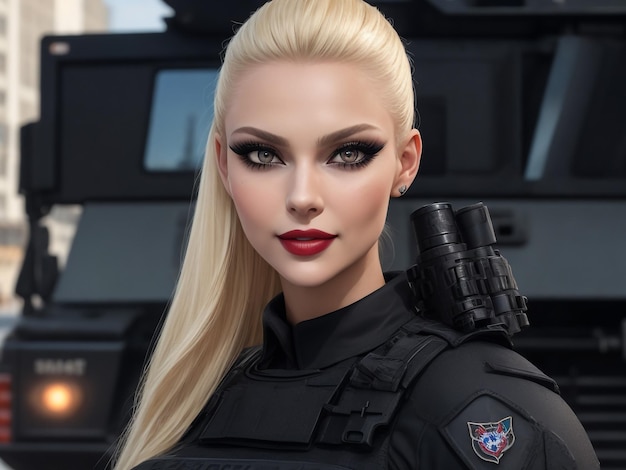 Rosjanka, blond modelka, czarne włosy w stroju swat