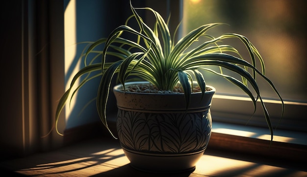 Zdjęcie roślina doniczkowa z dekorem naturalnym do wnętrz na parapecie generatywnym ai
