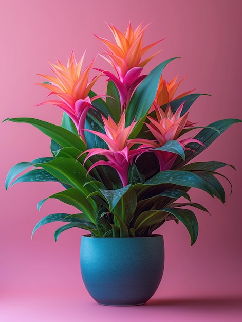 Roślina Guzmania w garnku Fotografia studyjna na izolowanym tle stałego koloru Fotografia profilowa rośliny kwiatów domowej Ilustracja generowana przez Ai Zdjęcie aplikacji botanicznej