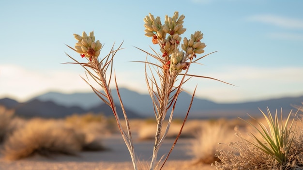 Roślina jukki z wysoką łodygą kwiatową stojącą na pustynnym tle