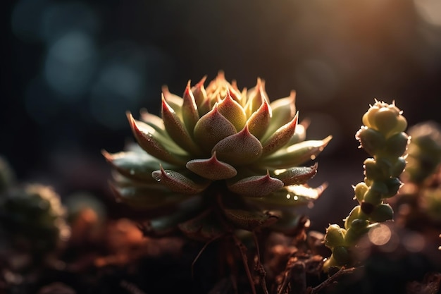 Roślina kaktusa ze światłem świecącym na nim