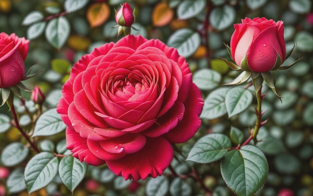 Roślina kwiat róży w przyrodzie jesienią zbliżenie czerwona róża w ogrodzie z bokeh zielonego tła