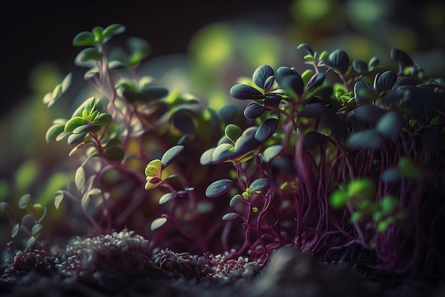 Roślina Microgreens pod fito led light makro Generative AI