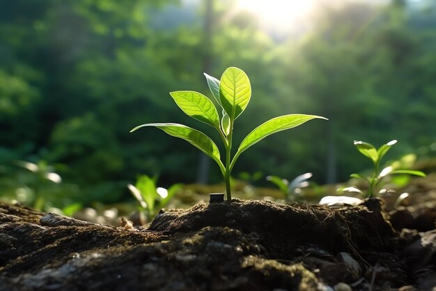 Roślina rosnąca na ziemi rolnej lub w lesie w świetle słonecznym w ciągu dnia Roślina rośnie Światowy dzień ziemi