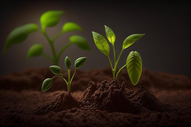 Roślina rosnąca w piasku z zielonym światłem.