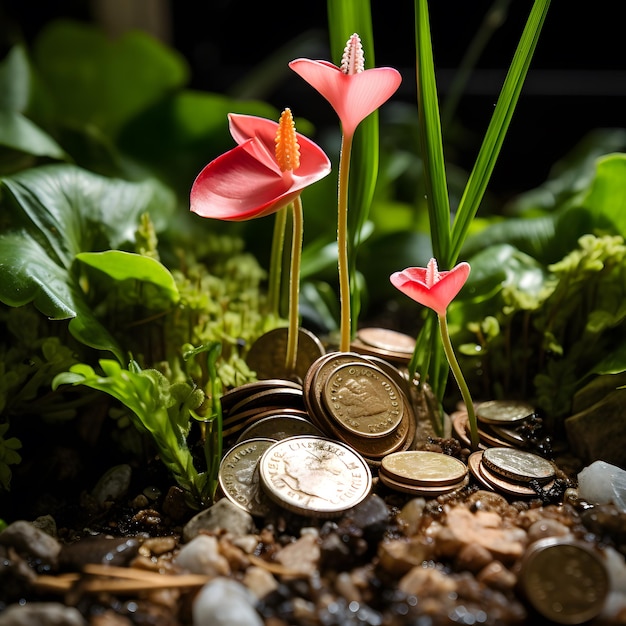 Zdjęcie roślina rosnąca z stosu monet koncepcja oszczędzania pieniędzy