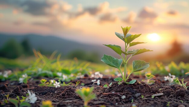 Roślina sojowa stoi wysoko na polu podczas tętniącego życiem zachodu słońca
