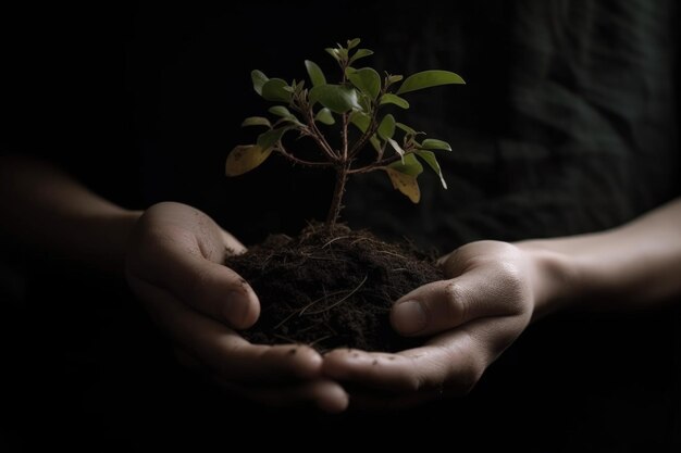 Roślina w dłoni koncepcja zrównoważonego rozwoju i środowiska Generative AI