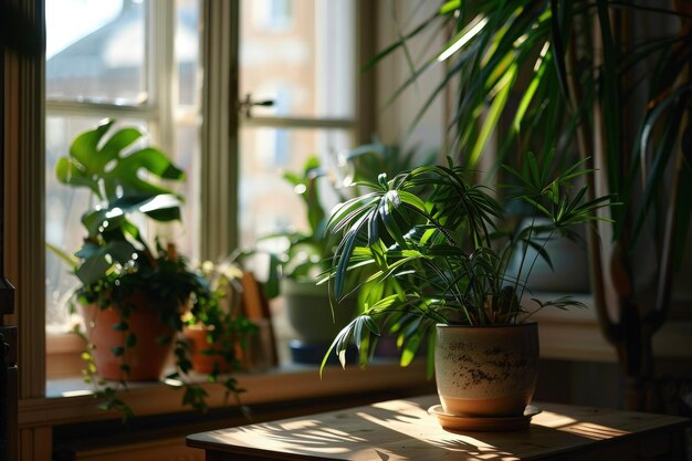 Roślina w garnku siedząca na stole przed oknem
