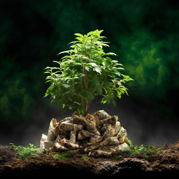 Roślina w glebie z workami na śmieci na ciemnym tle Koncepcja ekologiczna