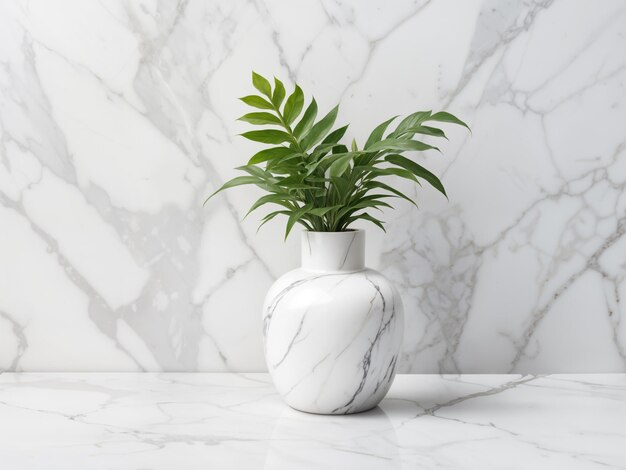 Roślina w wazonie na białym marmurowym stole z marmurową ścianą
