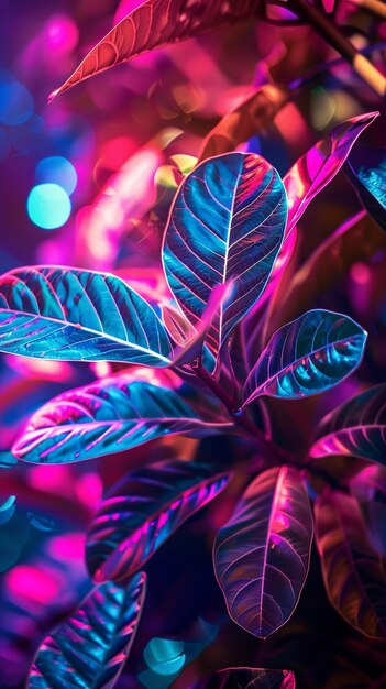 Zdjęcie roślina z fioletowymi i zielonymi liśćmi i kolorowym światłem za nią nowoczesne neonowe tapety