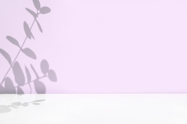 Roślinne cienie na fioletowej ścianie Cienie liści Gałęzie kwiaty i liście na pastelowym tle studyjnym Prezentacja produktu Minimalna makieta dla reklamy Modny efekt nakładki