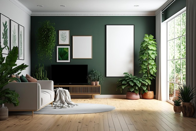 Rośliny doniczkowe zdobią pusty salon zielonymi ścianami i drewnianą podłogą