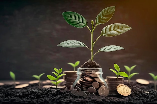 Rośliny na pieniądze Koncepcja wzrostu Roślin rosnących w szklanym słoju monet