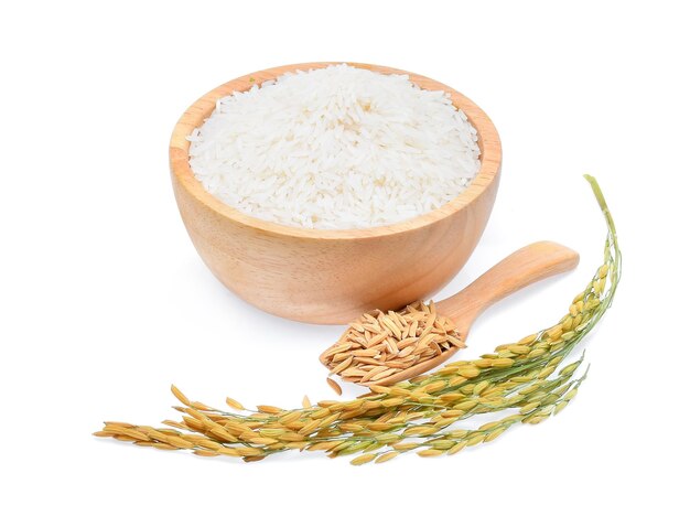 Zdjęcie rośliny ryżu ziarna tajskiego ryżu jasminowego w drewnianej misce izolowane na białym tle