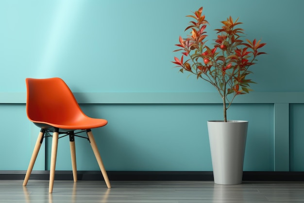 rośliny w ścianie projektują krzesło i miejsce na kopię na niebieskiej ścianie wykonane przy użyciu generatywnych narzędzi sztucznej inteligencji