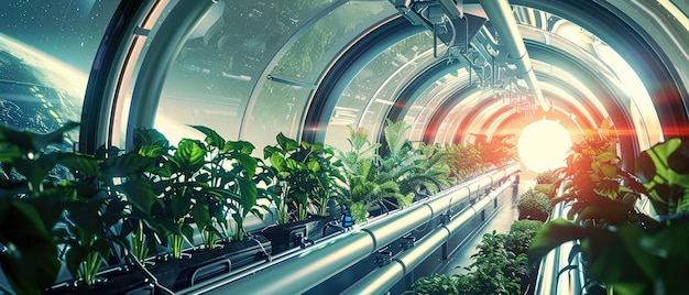 Rośliny zielonej rewolucji rosnące w futurystycznej szklarni kosmicznej