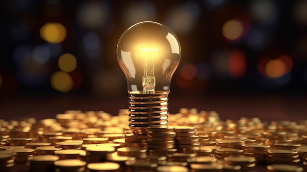 Rosnąca koncepcja kosztów energii Żarówka na szczycie stosu złotych monet Generacyjna sztuczna inteligencja
